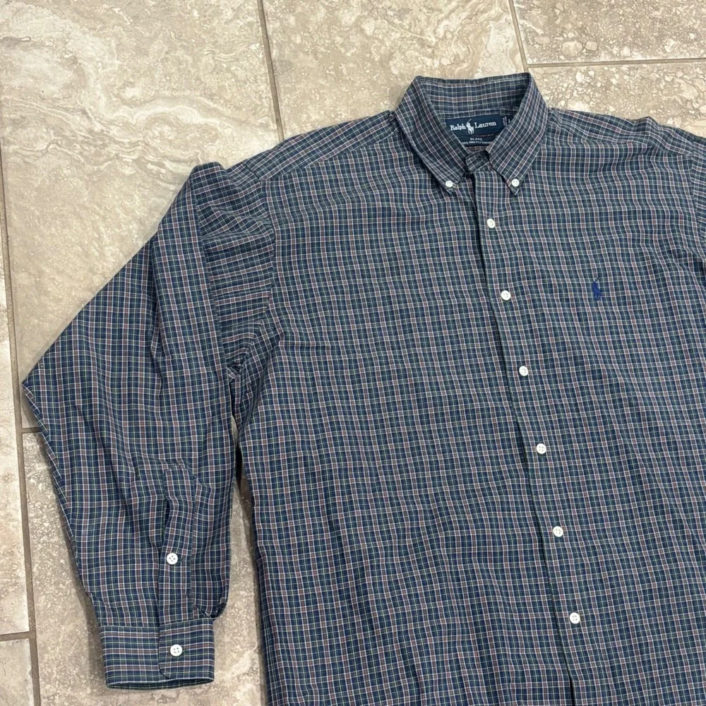 Ralph Lauren Blake Mens Large Plaid Button Down Shirt Navy Green 100% Cotton
